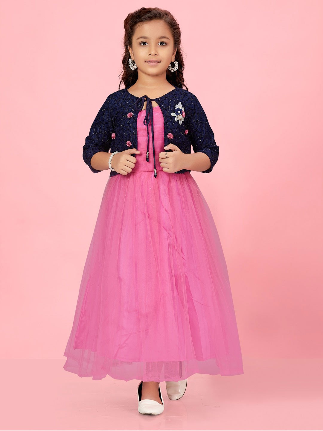 

BAESD Girls Round Neck Net Maxi Dress With Shrug, Pink