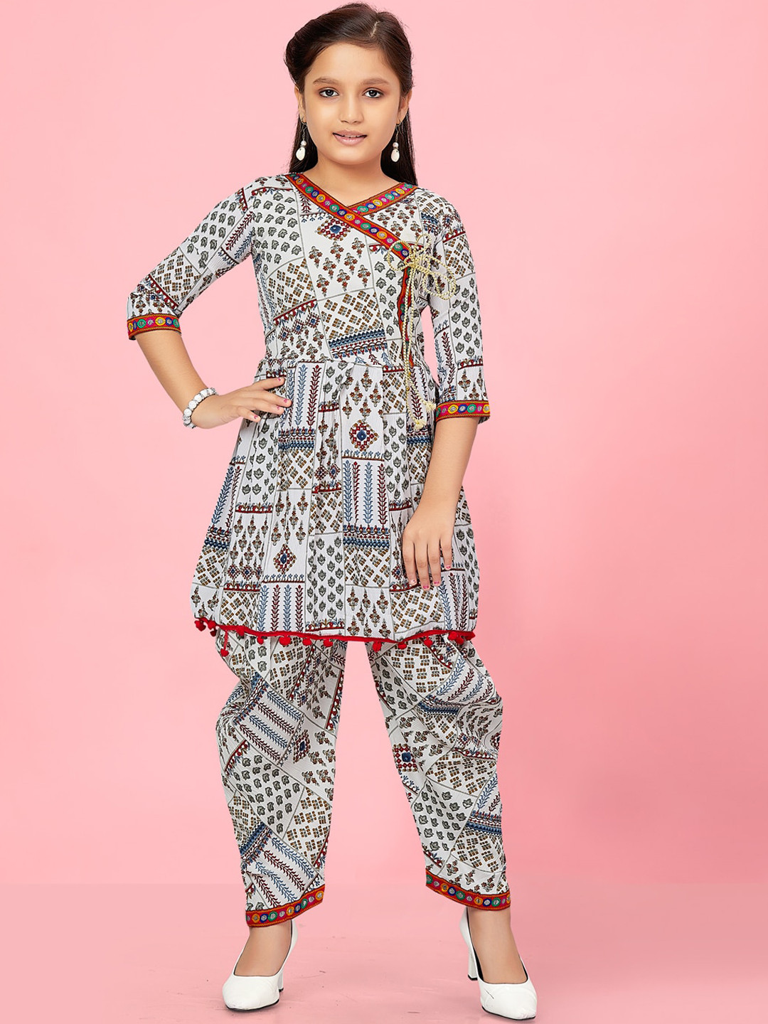 

BAESD Girls Ethnic Motifs Printed Angrakha Kurti with Dhoti Pants, White