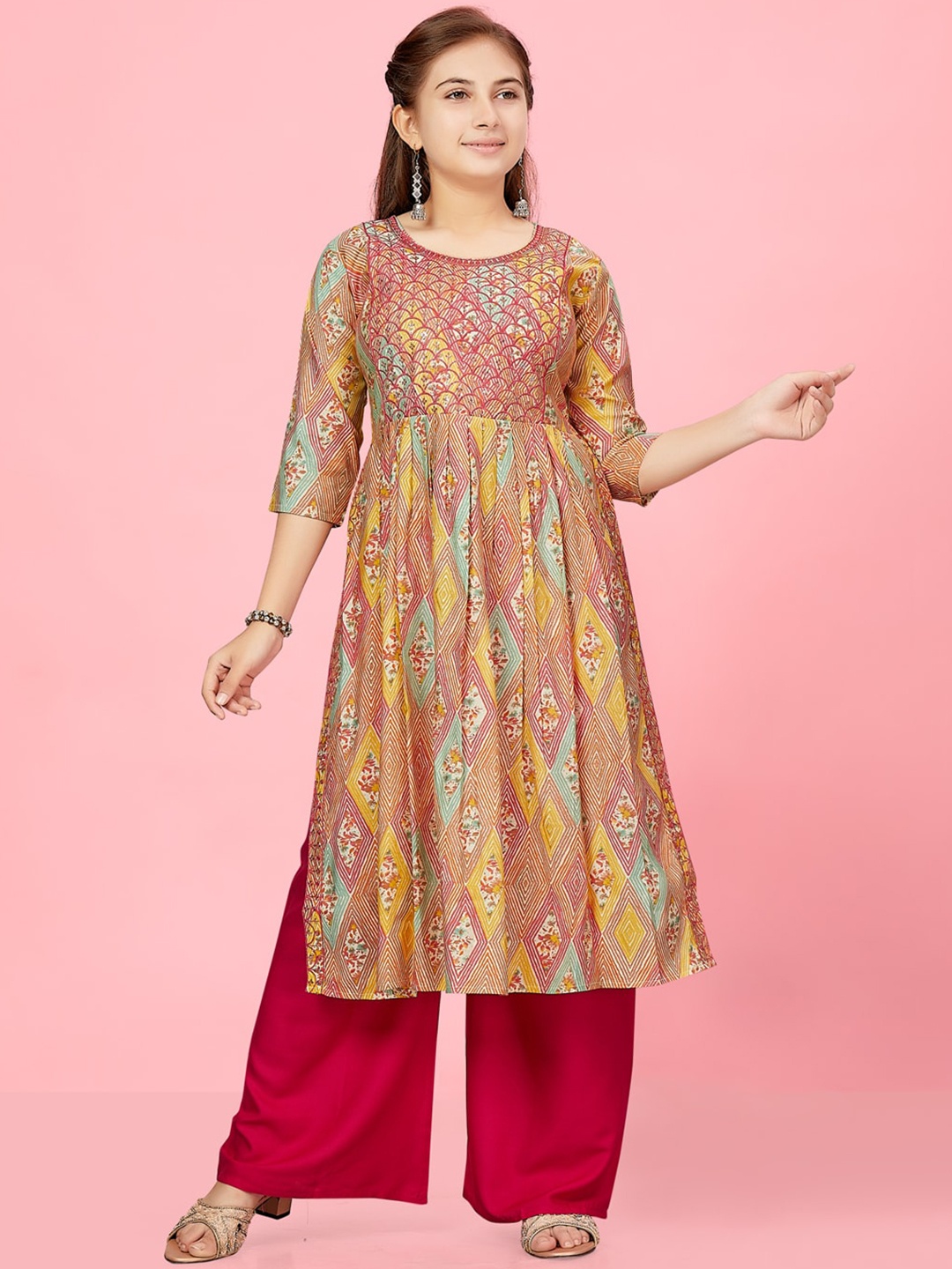 

BAESD Girls Printed Mirror Work Cotton Kurta, Pink