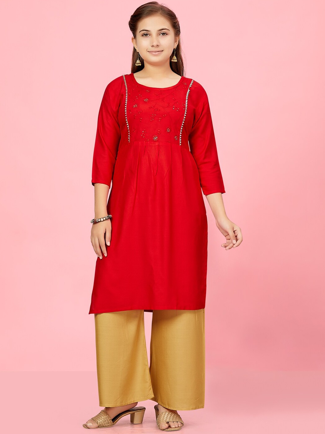 

BAESD Girls Embroidered Thread Work Cotton Anarkali Kurta, Red