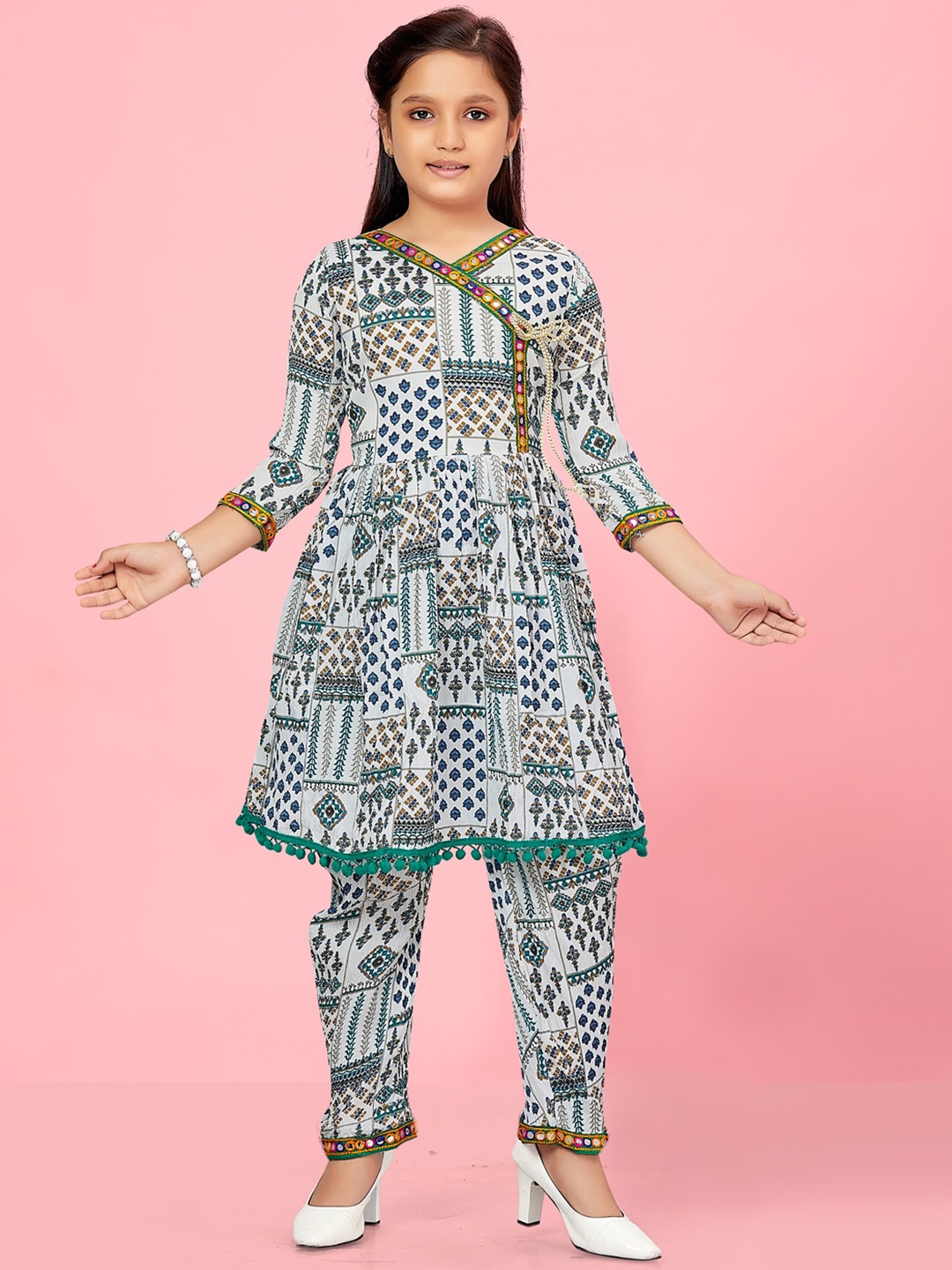

BAESD Girls Ethnic Motifs Printed Angrakha A-Line Kurta with Trousers, White