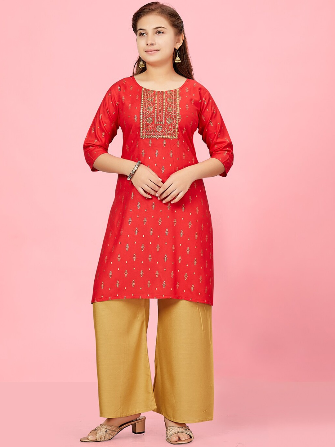 

BAESD Girls Ethnic Motifs Printed Pure Cotton Kurta With Palazzos, Red