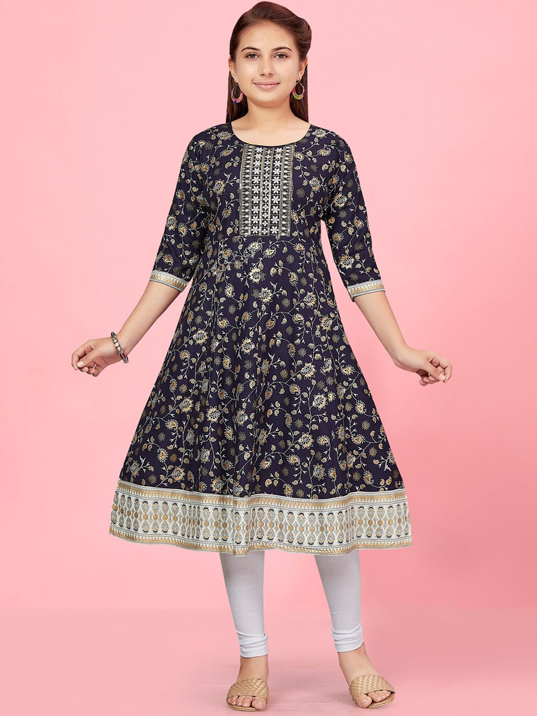 

BAESD Girls Floral Printed Cotton A-Line Kurta, Navy blue