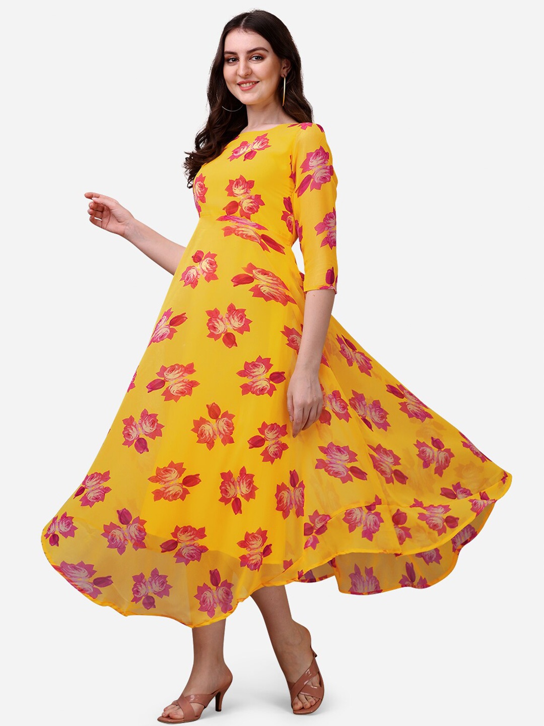 KALINI Floral Printed Georgette Fit & Flare Midi Dress, Yellow