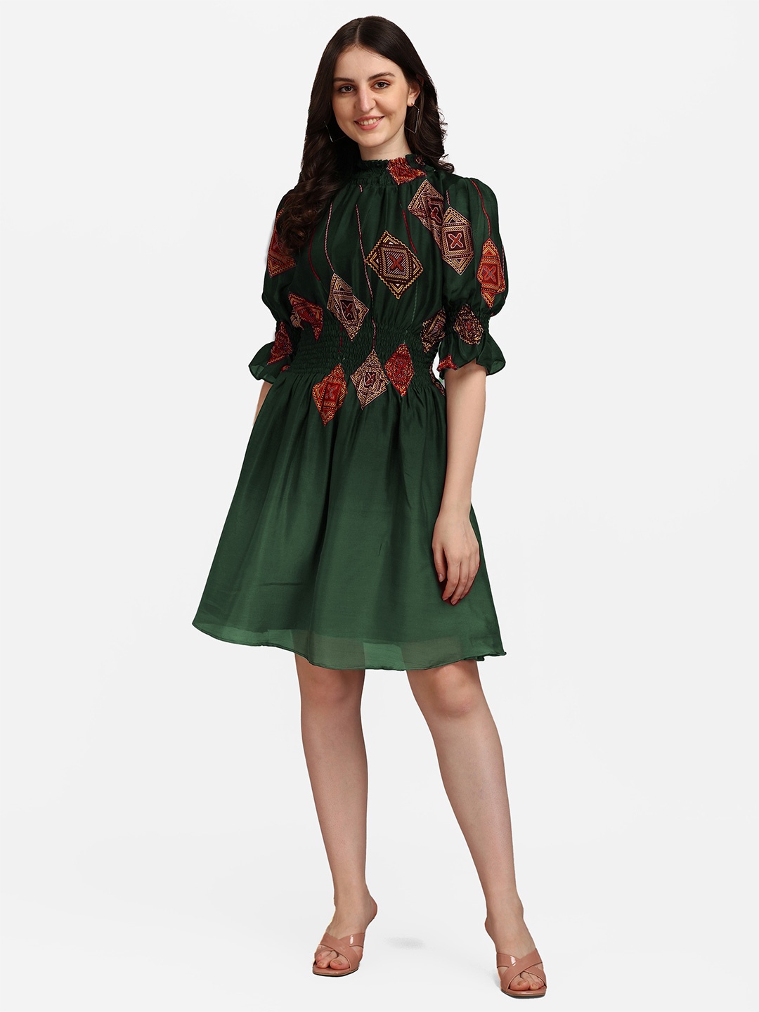 

KALINI Floral Printed High Neck Puff Sleeve Fit & Flare Dress, Green