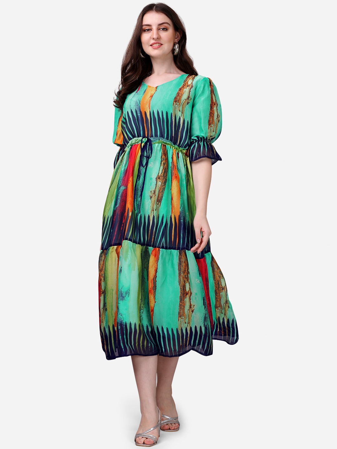 

KALINI Abstract Printed V-Neck Puff Sleeve Tie-Up Midi Dress, Green
