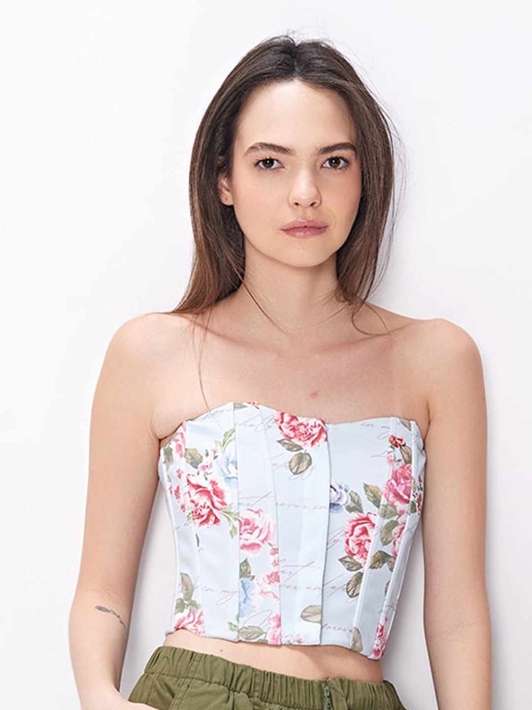 

COVER STORY Floral Printed Strapless Corset Crop Top, Blue