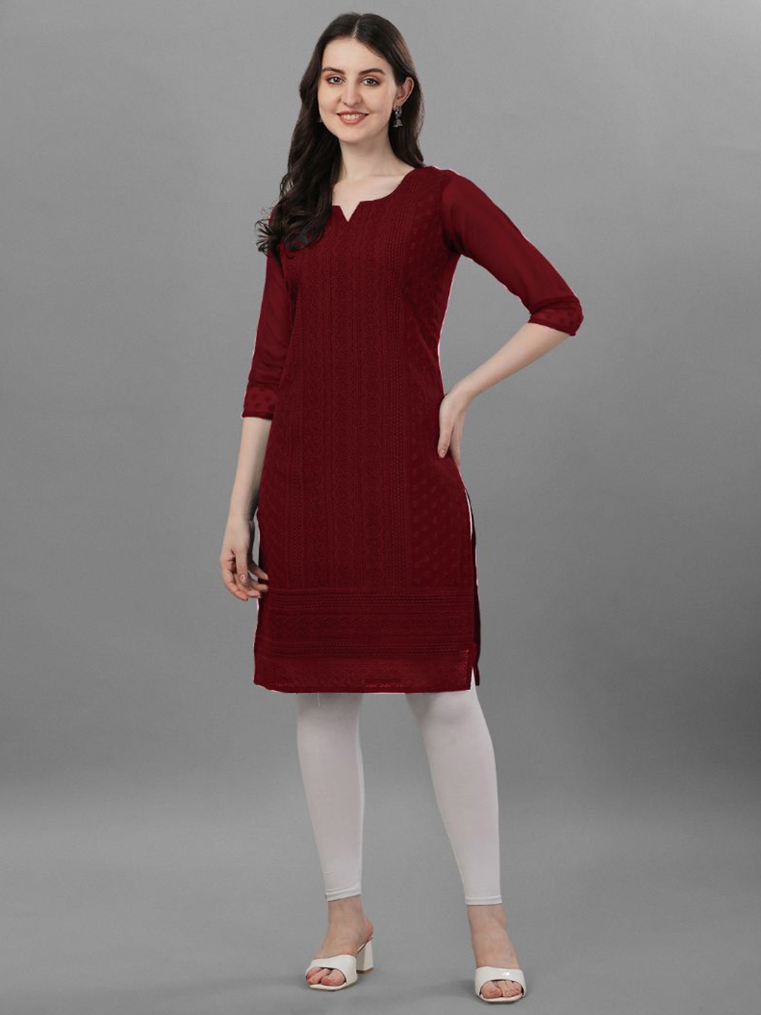 

KALINI Ethnic Motifs Embroidered Straight Kurta, Maroon