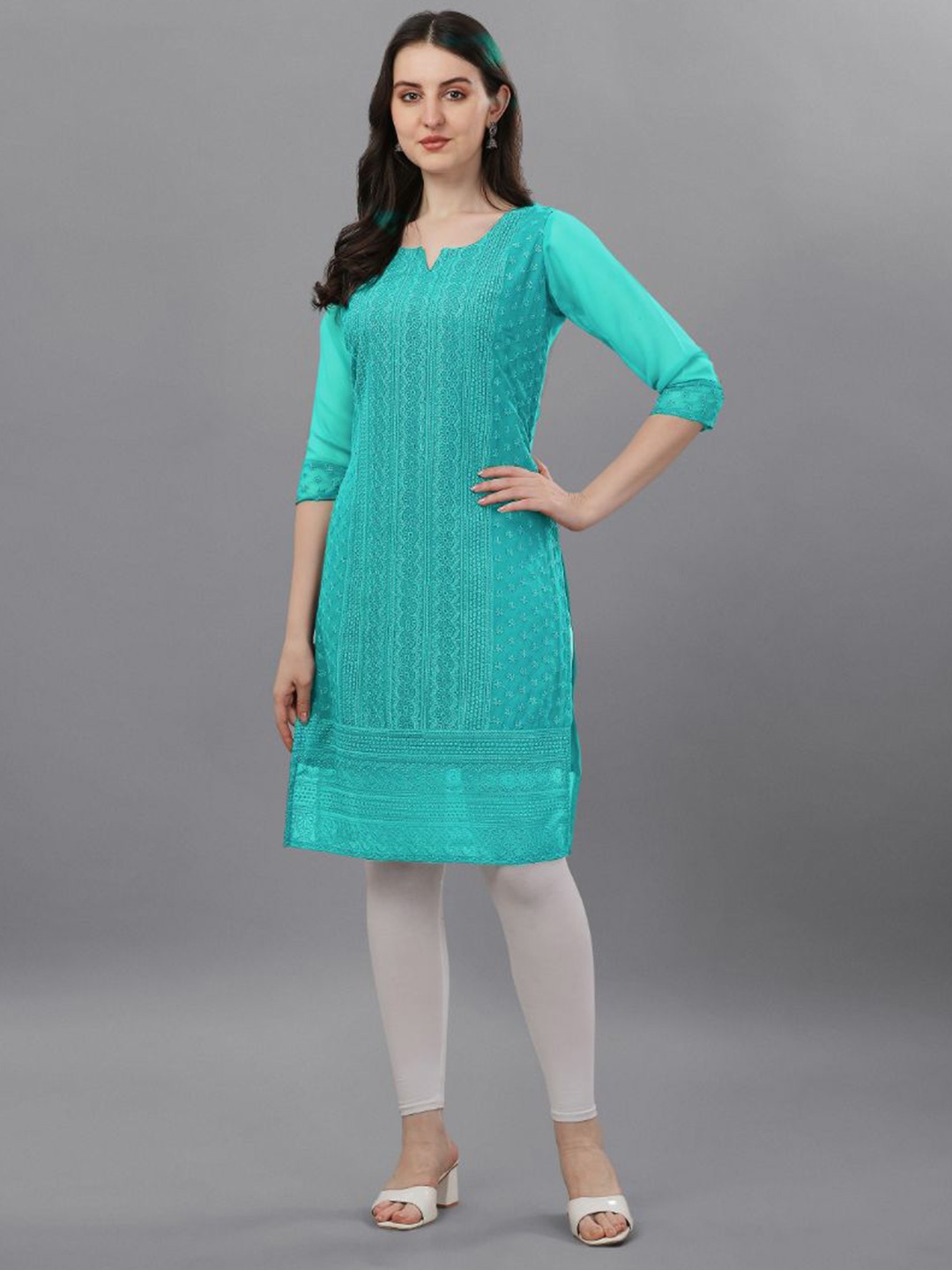 

KALINI Ethnic Motifs Embroidered Round Neck Straight Kurta, Blue