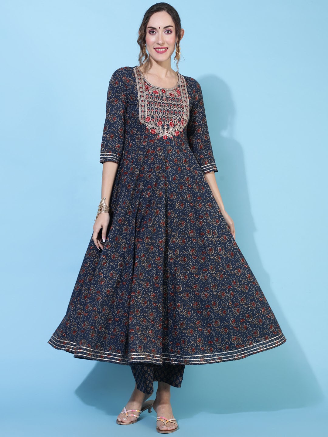 

KIMAYRA Ethnic Motifs Printed Thread Work Cotton Anarkali Kurta With Palazzos & Dupatta, Navy blue