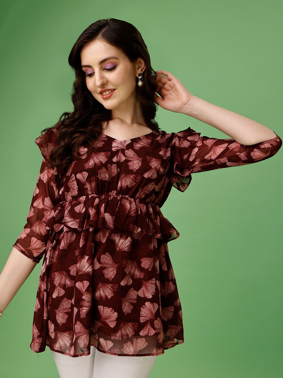

KALINI Floral Printed A-Line Top, Maroon