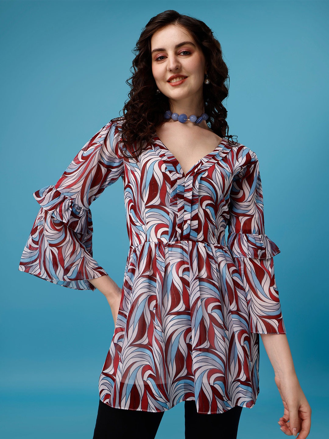 

KALINI Abstract Printed Bell Sleeves Top, Maroon
