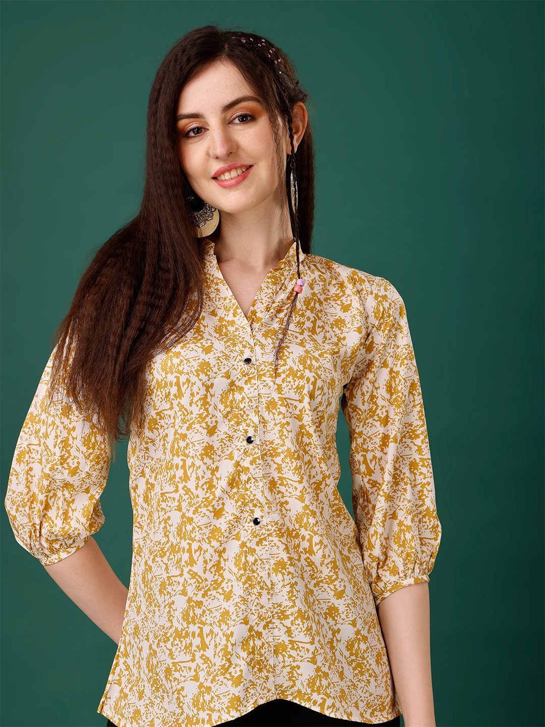 

KALINI Abstract Printed Mandarin Collar Puff Sleeve Top, Yellow
