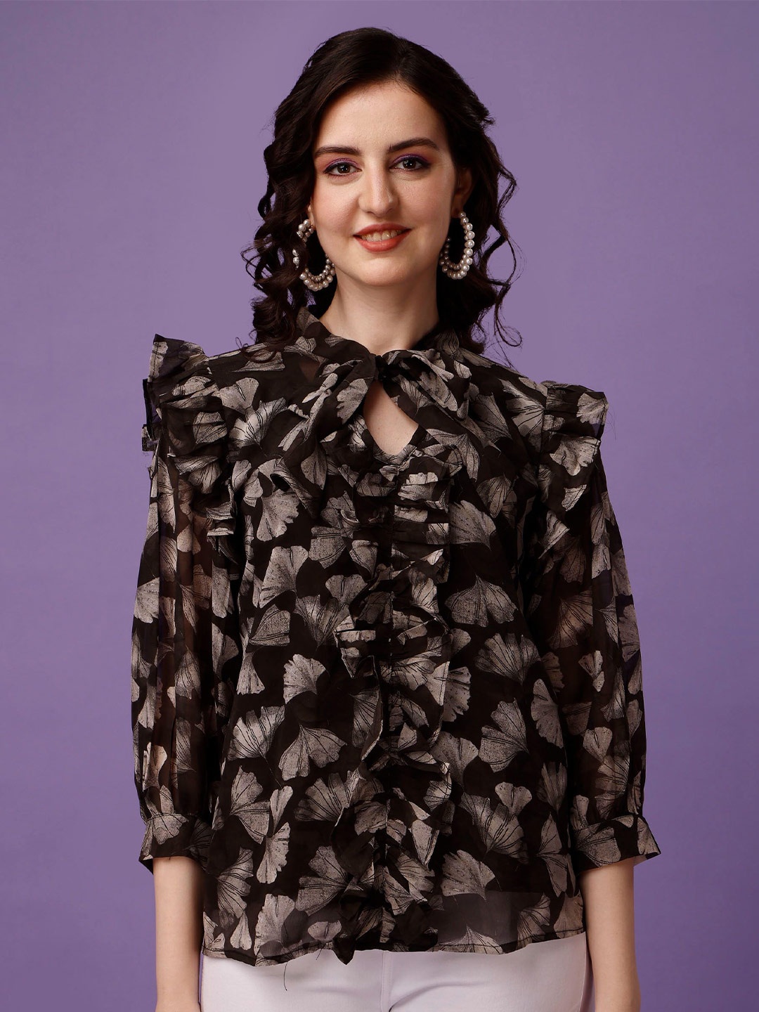 

KALINI Floral Printed Tie-Up Neck Puff Sleeve Georgette Top, Black