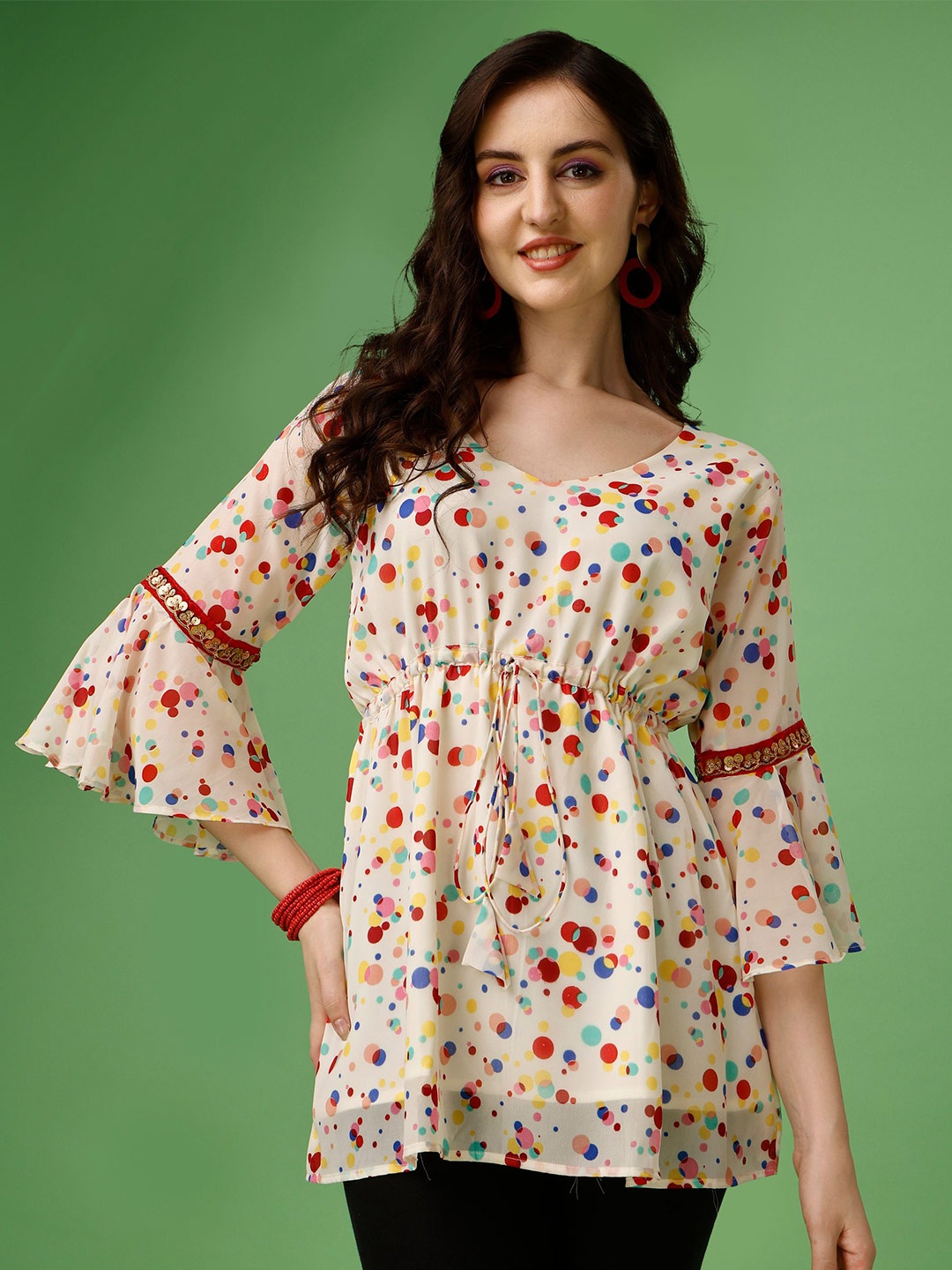 

KALINI Geometric Printed V-Neck Bell Sleeve Tie-Ups Georgette Top, Yellow
