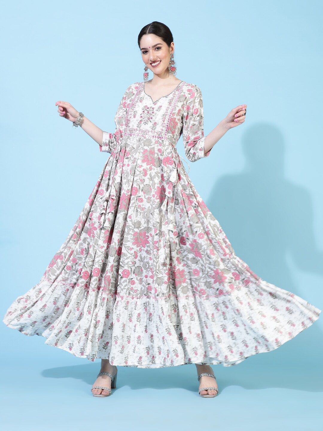 

KIMAYRA Floral Printed Anarkali V-Neck Ethnic Dress, White