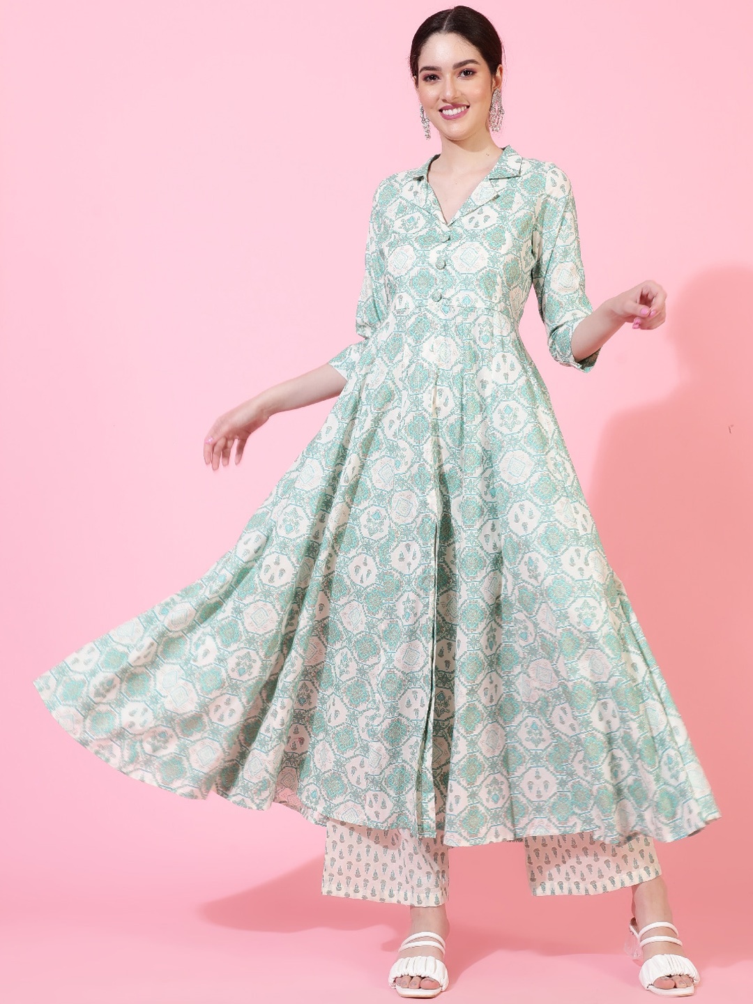 

KIMAYRA Ethnic Motifs Printed Pure Cotton Kurta with Palazzos, Sea green