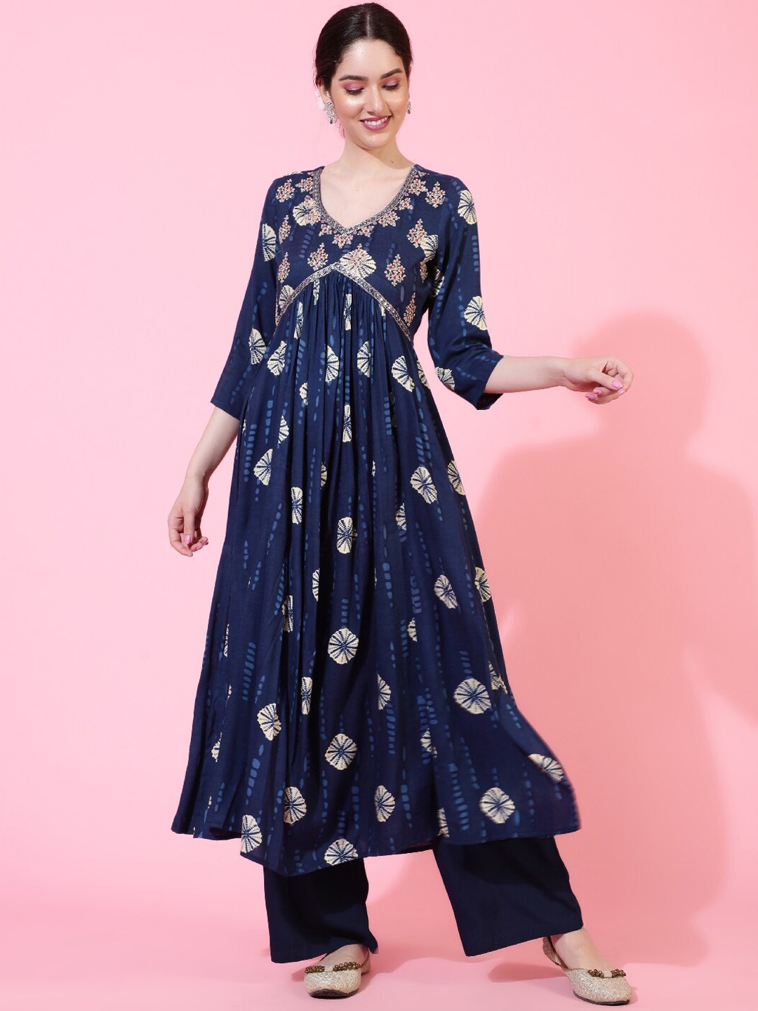

KIMAYRA Ethnic Motifs Printed Empire Thread Work Kurta with Palazzos & Dupatta, Navy blue
