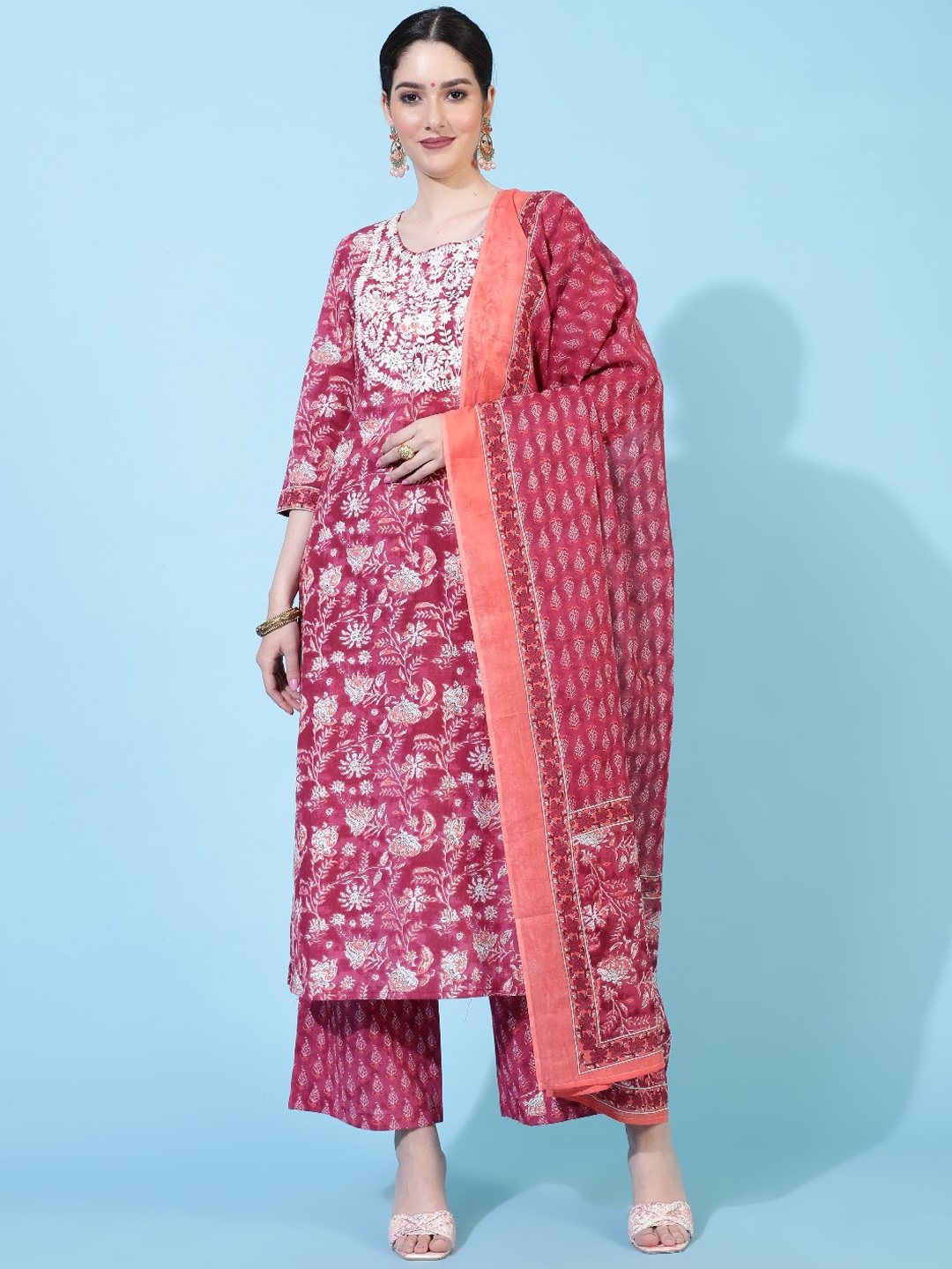 

KIMAYRA Floral Printed Thread Work Pure Cotton Kurta with Palazzos & Dupatta, Red