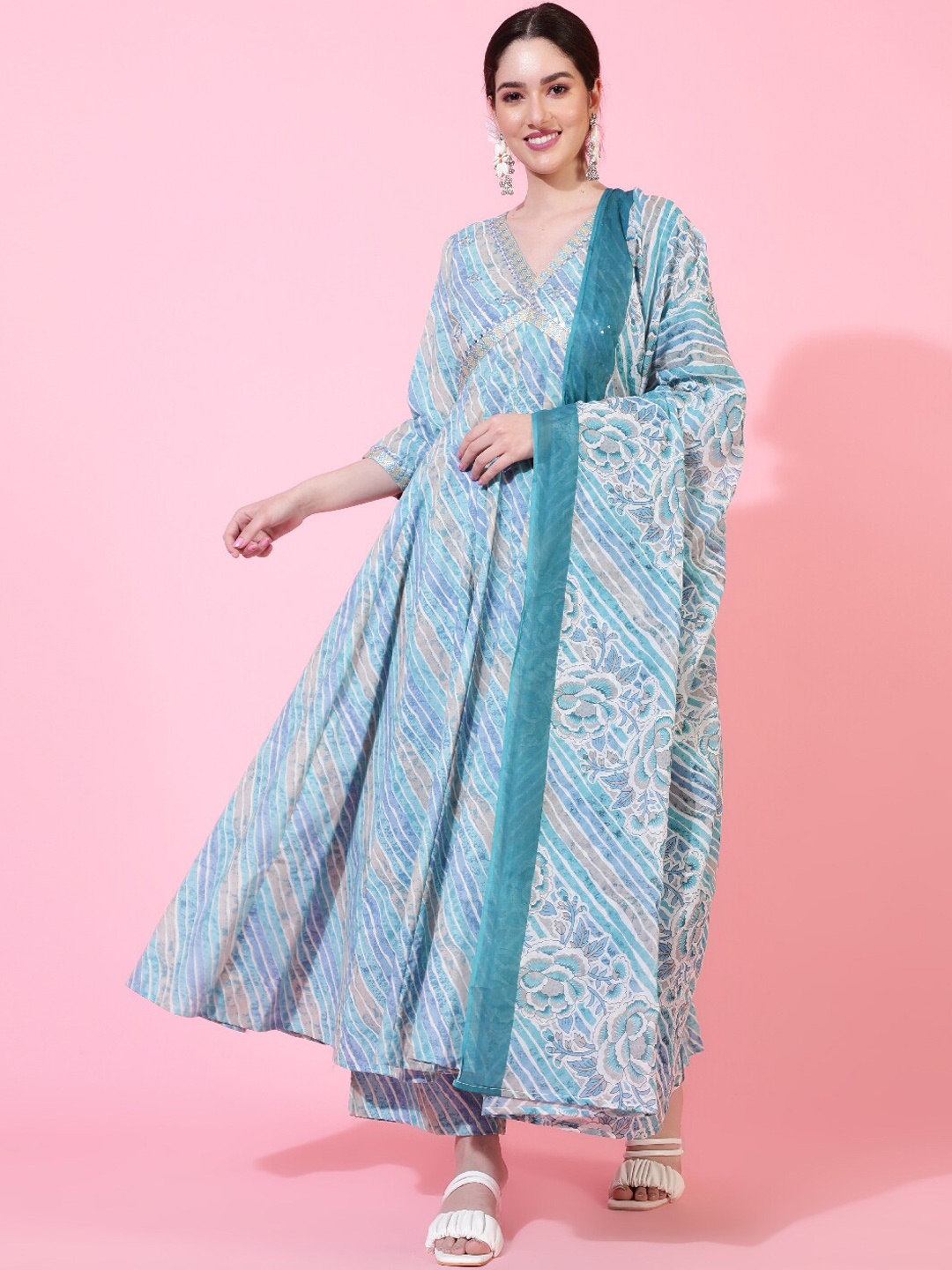 

KIMAYRA Leheriya Printed Empire Mirror Work Pure Cotton Kurta with Palazzos & Dupatta, Blue