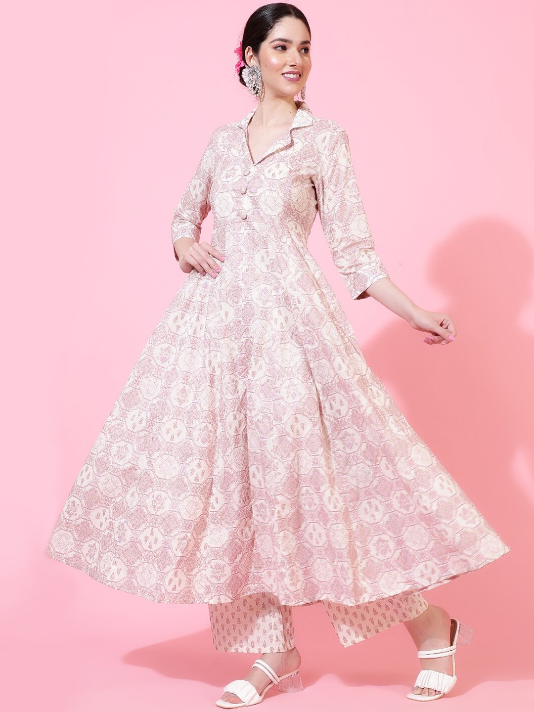 

KIMAYRA Ethnic Motifs Printed Anarkali Pure Cotton Kurta with Palazzos, Off white