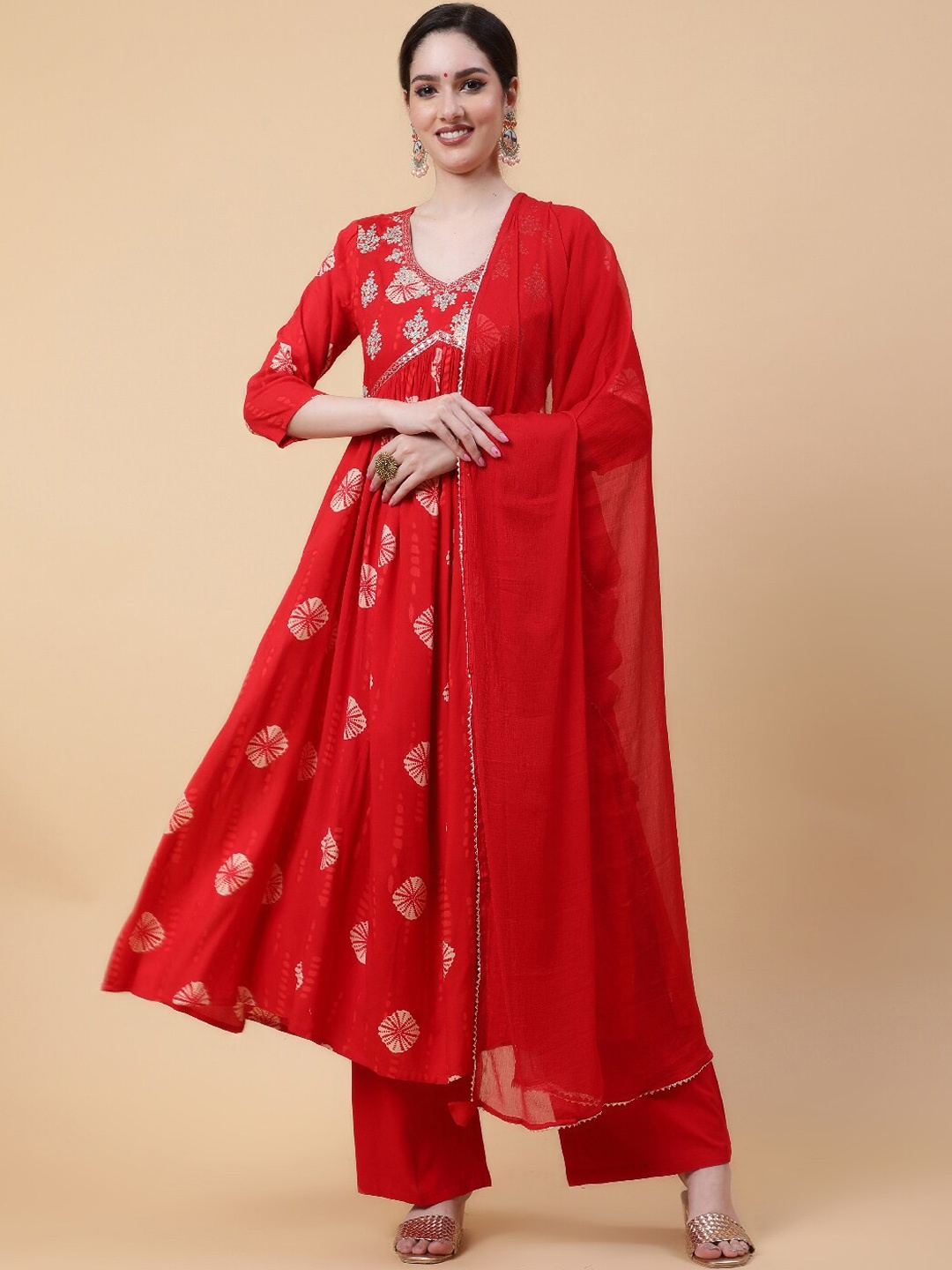 

KIMAYRA Ethnic Motifs Printed Thread Work Kurta with Palazzos & Dupatta, Red