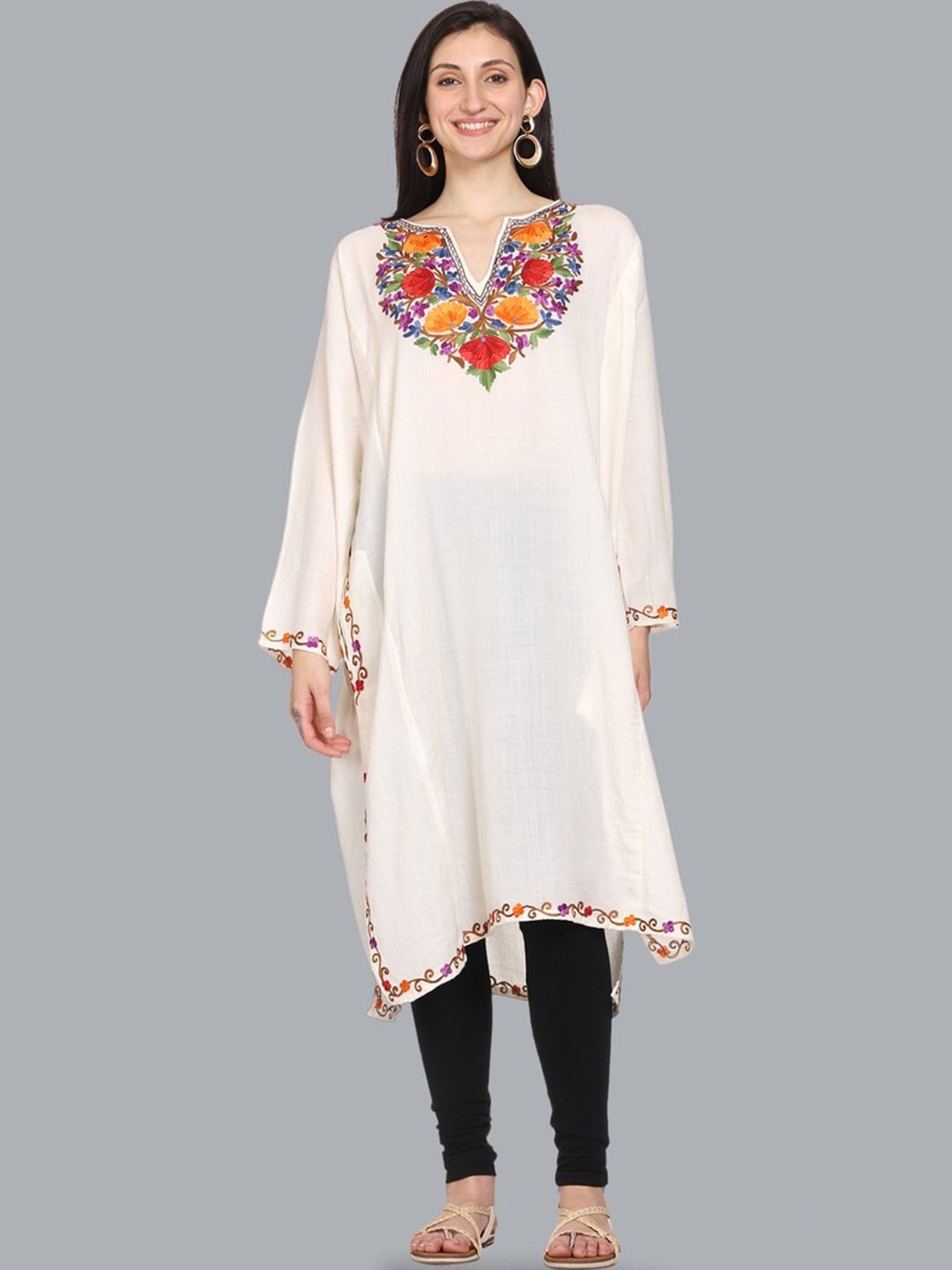 

CRAFTBAZAR Floral Yoke Design Woollen Flared Sleeves Thread Work A-Line Kurta, Off white
