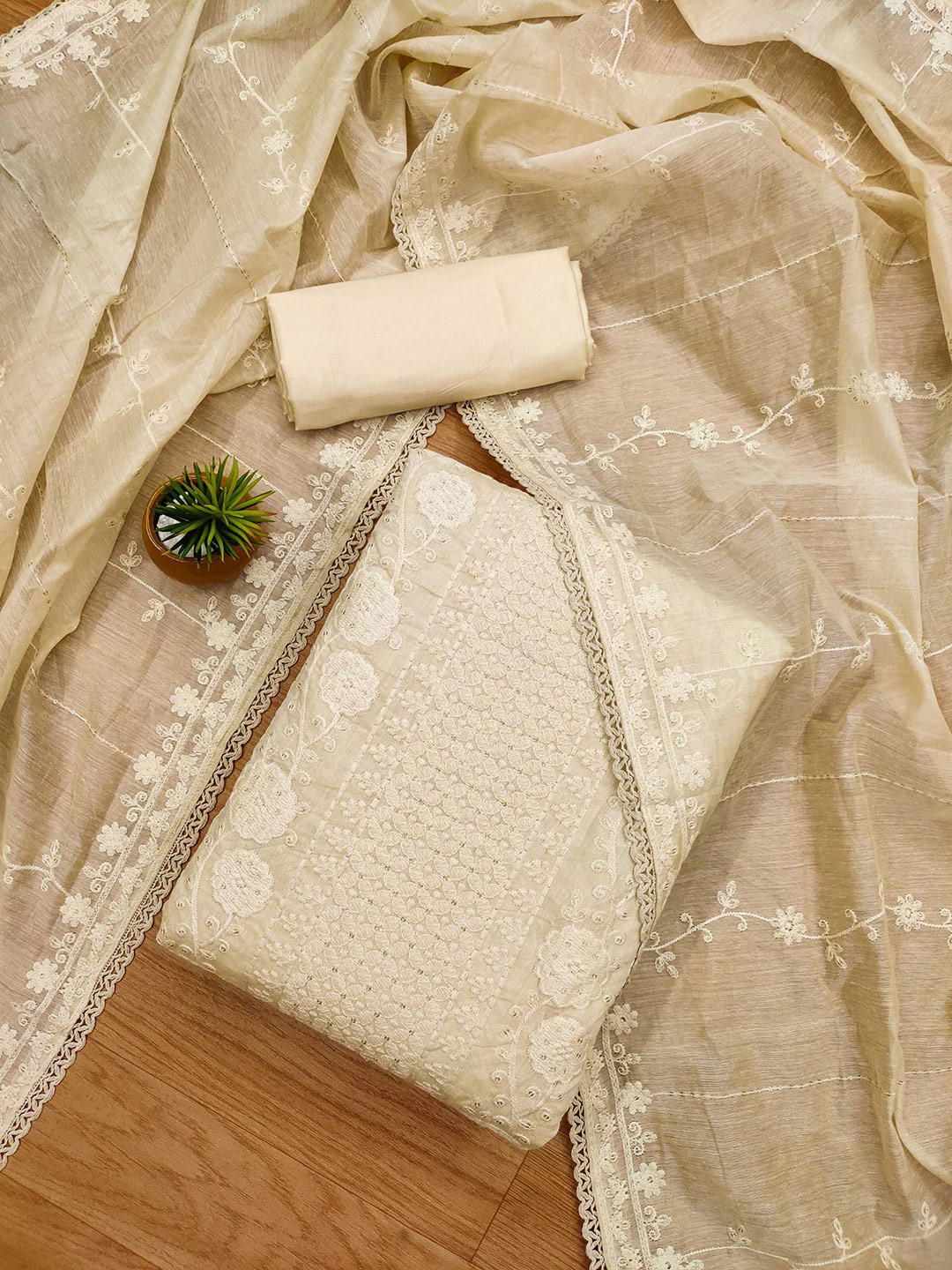 

KALINI Floral Embroidered Unstitched Dress Material, Beige