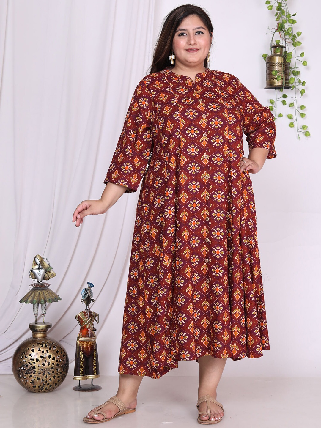 

Swasti Floral Printed Mandarin Collar A-Line Dress, Maroon