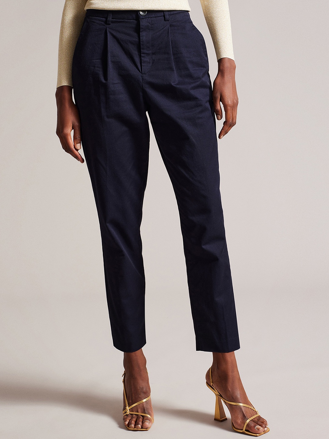 

Ted Baker Women Slim Fit Pleated Pure Cotton Formal Trousers, Navy blue