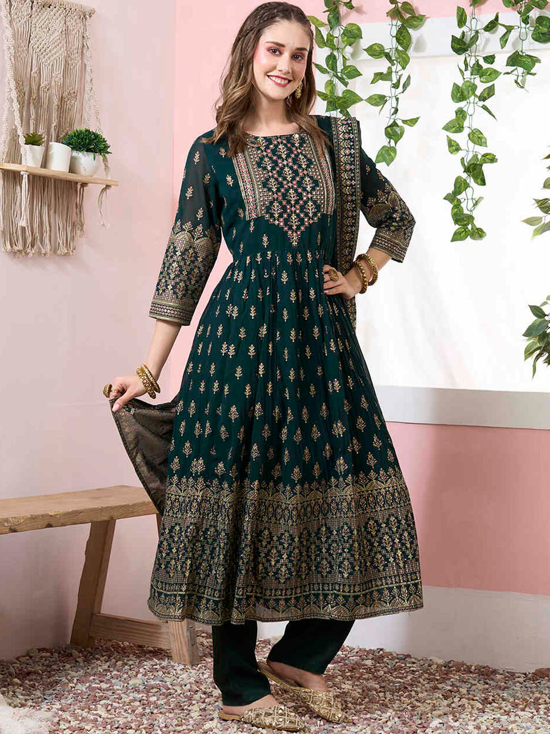 

ZOLA Ethnic Motifs Printed Thread Work Regular A-Line Kurta With Trousers & Dupatta, Green