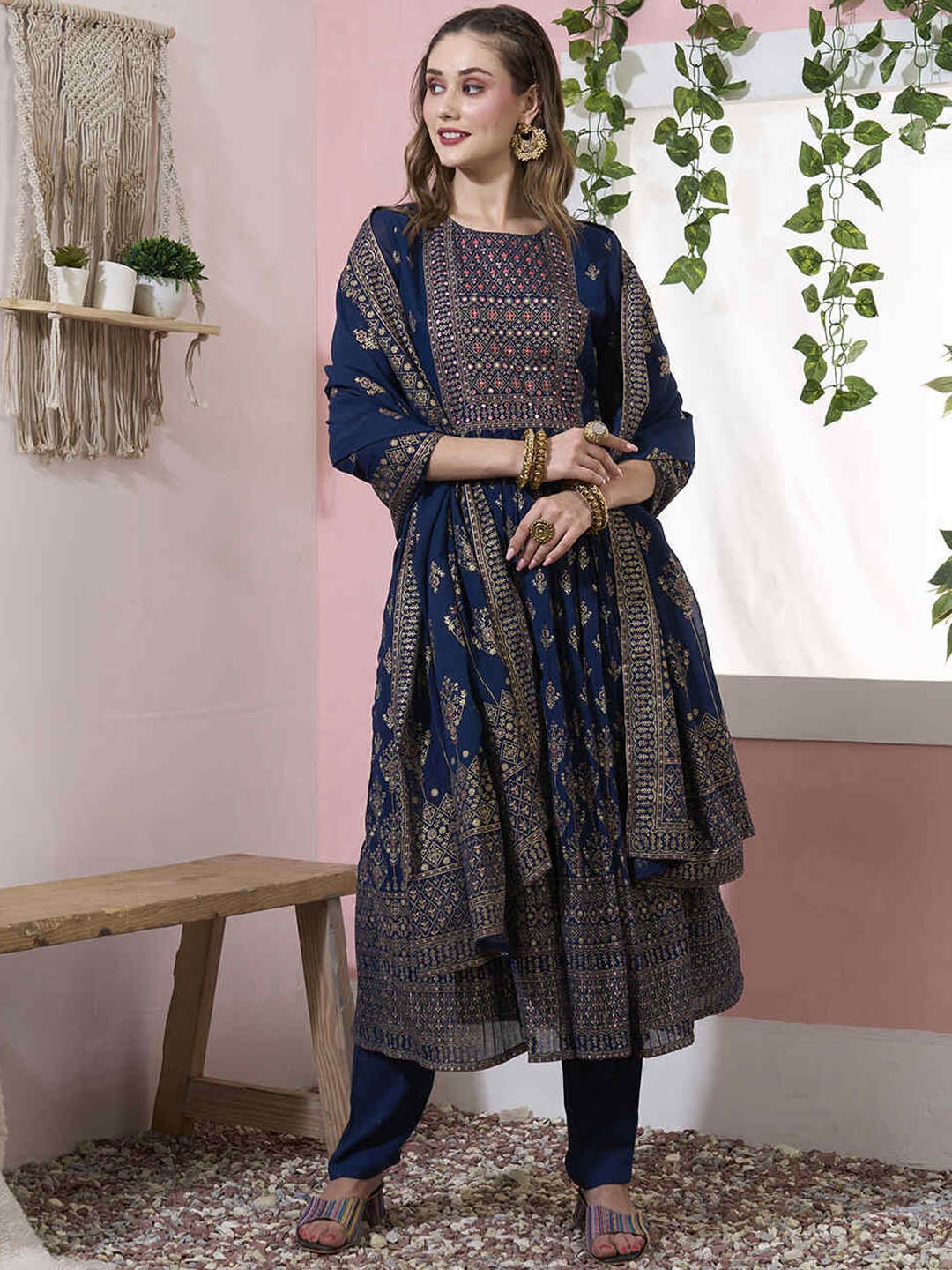 

ZOLA Ethnic Motifs Printed Thread Work Kurta with Trousers & With Dupatta, Blue