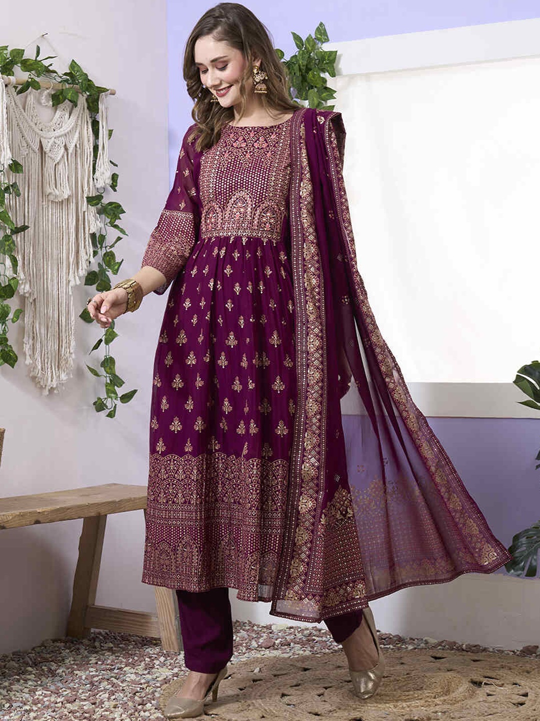 

ZOLA Ethnic Motifs Printed Regular A-Line Kurta With Trousers & Dupatta, Red