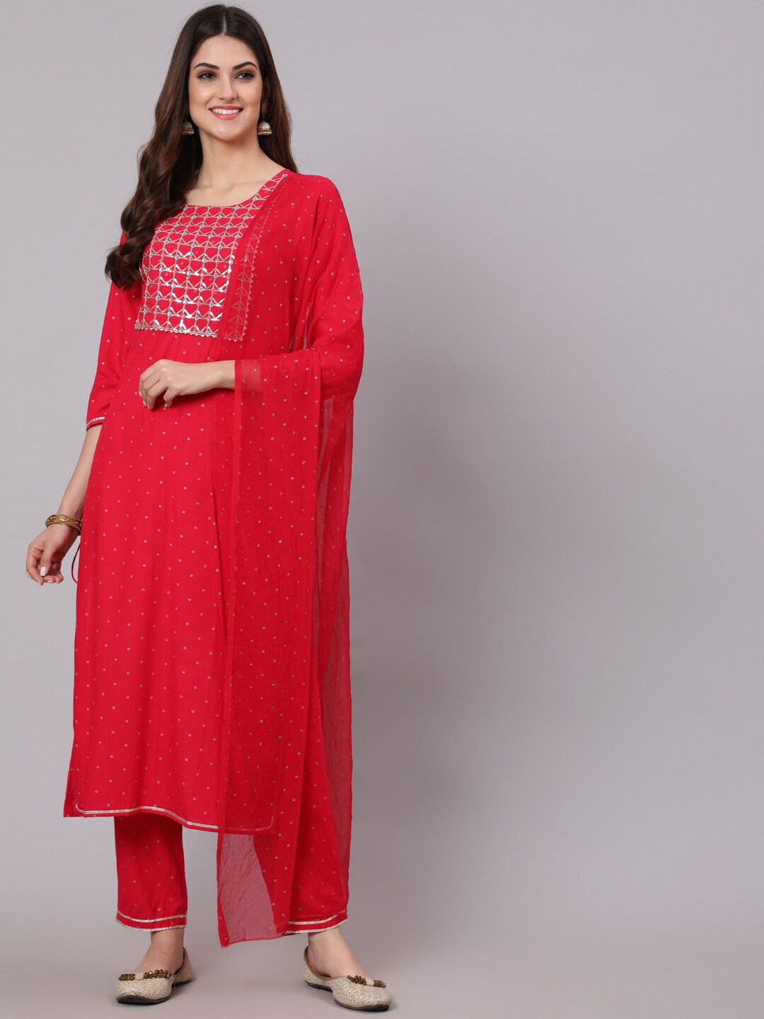 

KIMAYRA Printed Thread Work & Sequinned Kurta With Trousers & Dupatta, Coral