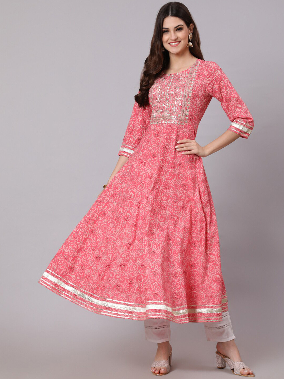 

KIMAYRA Ethnic Motifs Printed Sequinned Anarkali Cotton Kurta, Pink