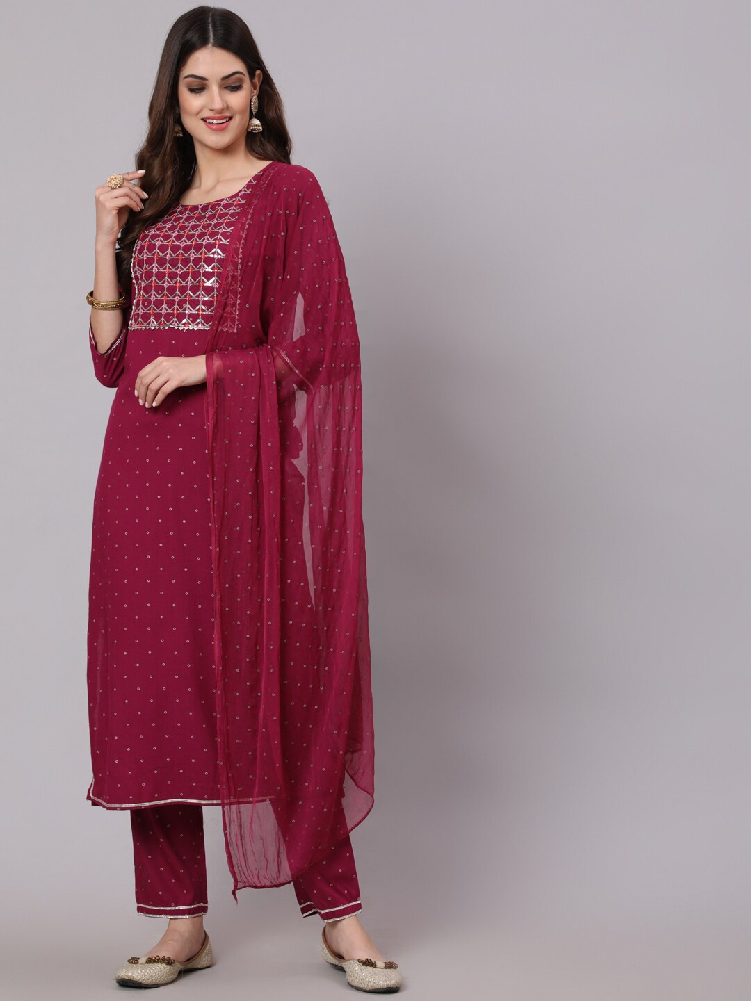 

KIMAYRA Printed Thread Work & Sequinned Kurta With Trousers & Dupatta, Maroon