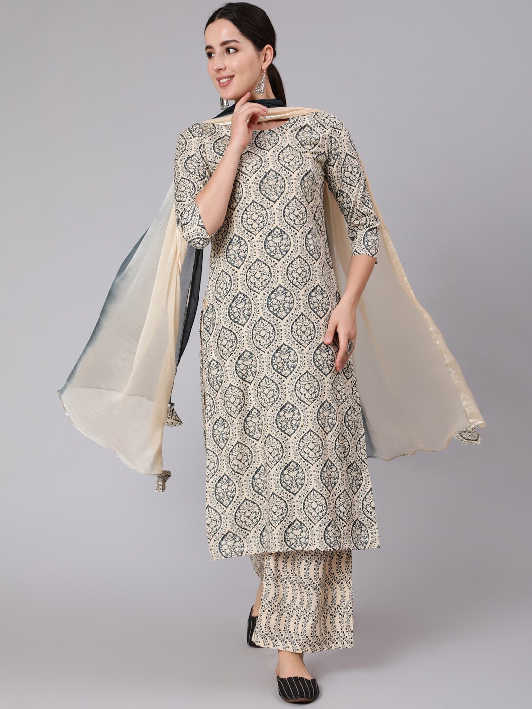 

KIMAYRA Ethnic Motifs Printed Kurta With Palazzos & Dupatta, Beige