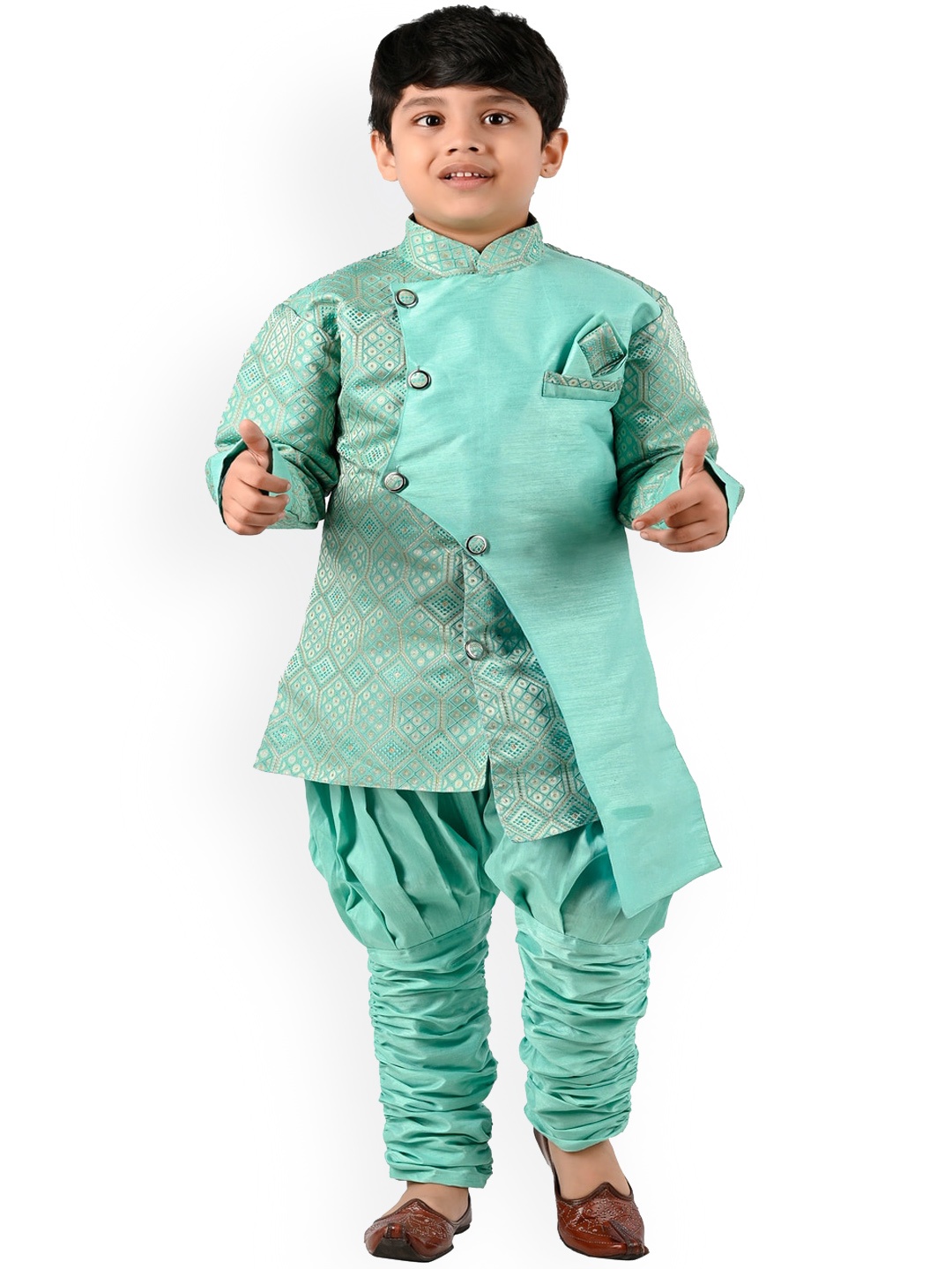 

BAESD Boys Ethnic Motifs Woven Design Zari Kurta With Churidar, Turquoise blue