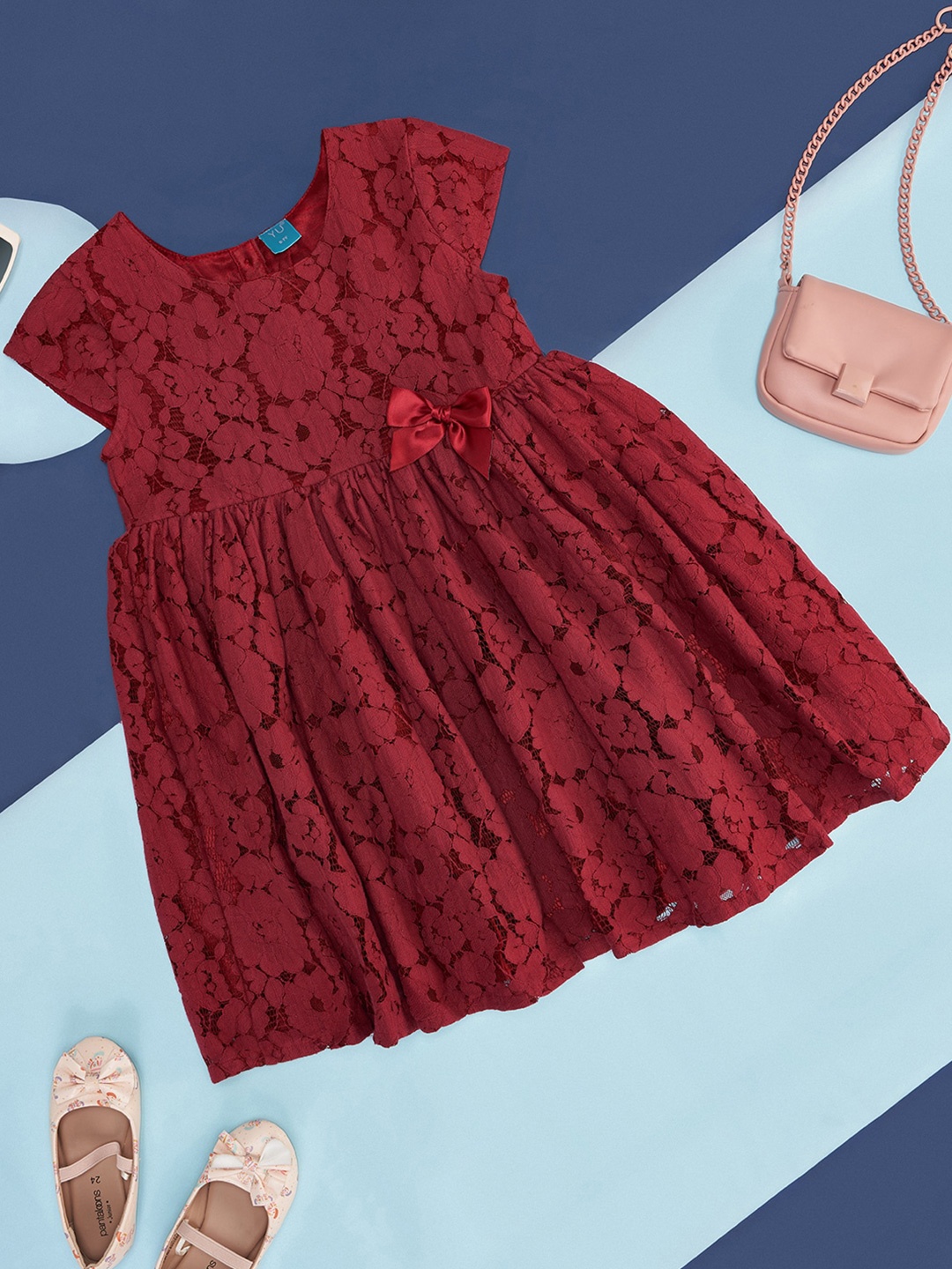 

YU by Pantaloons Girls Self Design Cotton Fit & Flare Dress, Maroon