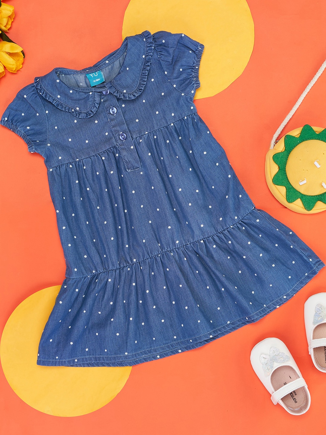 

YU by Pantaloons Infants Girls Polka Dots Printed Cotton A Line Dress, Blue