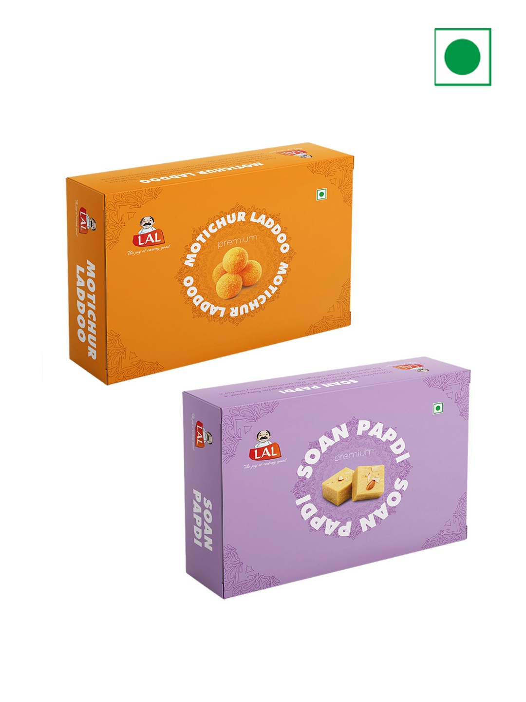 

LAL Pack of 2 Soan Papdi Premium And Motichur Ladoo Sweets- 400gm Each, Orange
