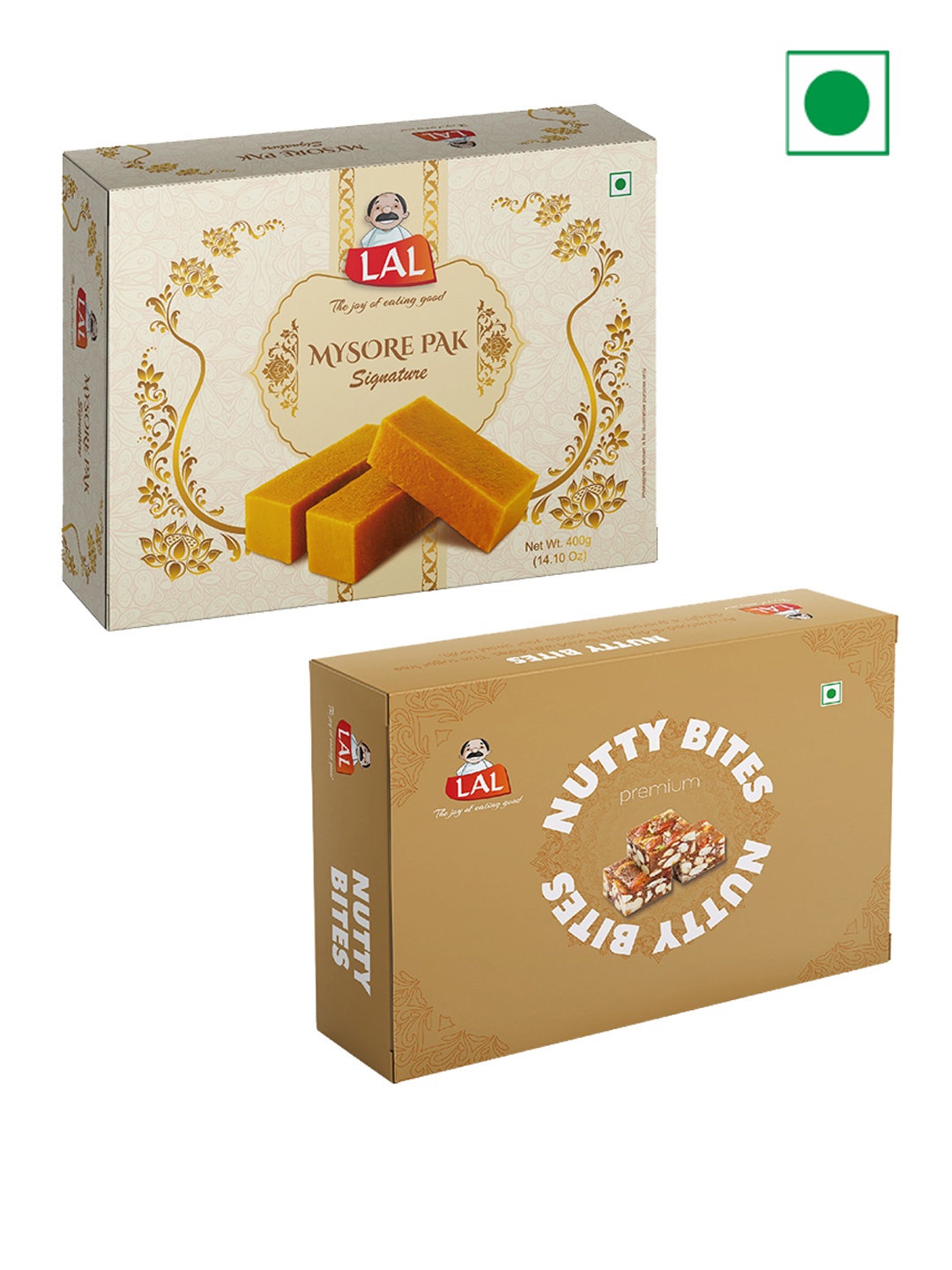 

LAL Pack of 2 Mysore Pak Signature and Sugarless Nutty Bites-400gms Each, Beige