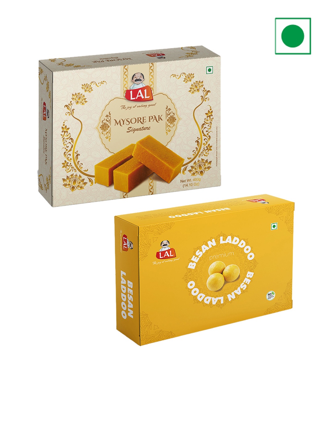 

LAL Pack of 2 Mysore Pak Signature & Besan Ladoo Sweets-400gm Each, Orange