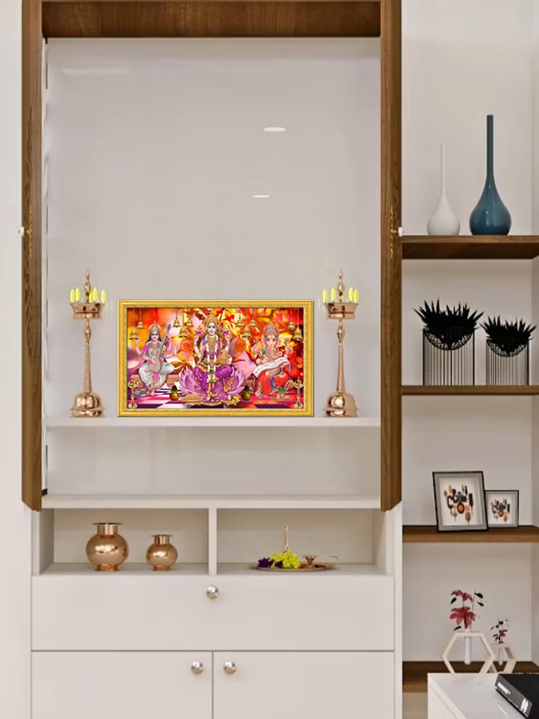 

999Store Red & Golden Goddess Lakshmi Saraswati Mata With Ganesh Photo Frame Wall Art