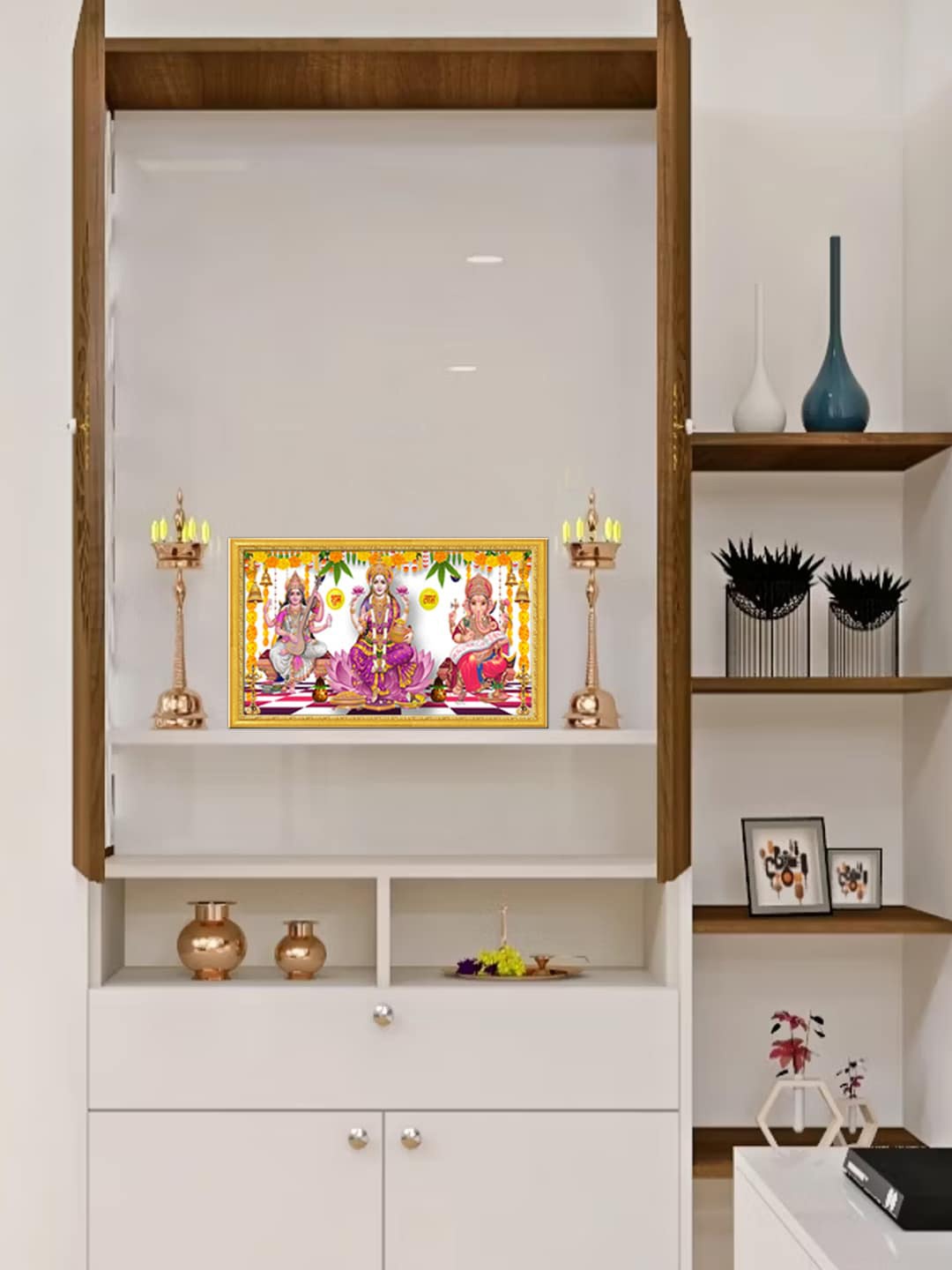 

999Store White & Golden Lord Ganesh Lakshmi With Saraswati Mata Photo Frame Wall Art