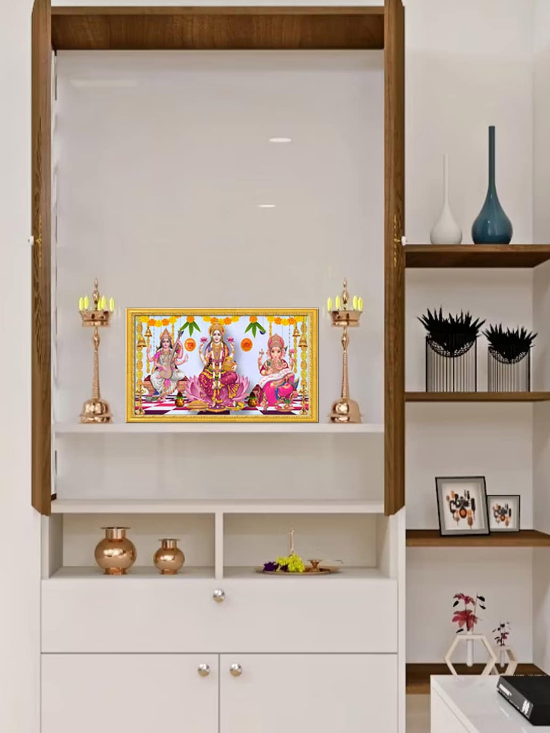 

999Store Gold Toned & Purple Goddess Lakshmi Mata Saraswati Mata With Ganesh Wall Art