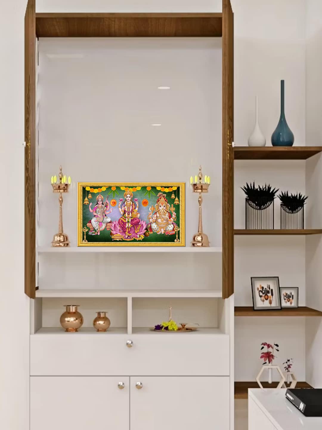 

999Store Gold Toned & Green Goddess Lakshmi Mata Saraswati Mata With Ganesh Wall Art