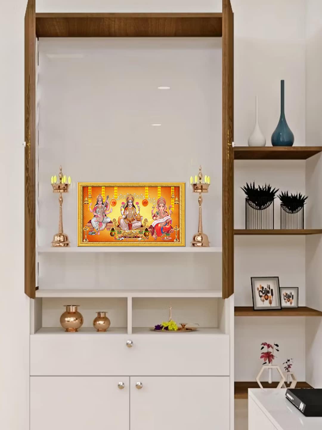 

999Store Orange Goddess Lakshmi Mata Saraswati Mata With Ganesh Photo Frame Wall Painting