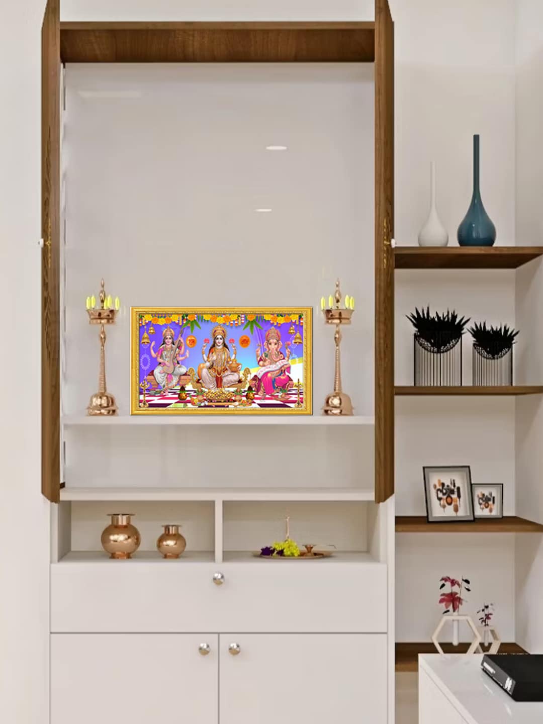 

999Store Blue Goddess Lakshmi Mata Saraswati Mata With Ganesh Photo Painting Wall Art