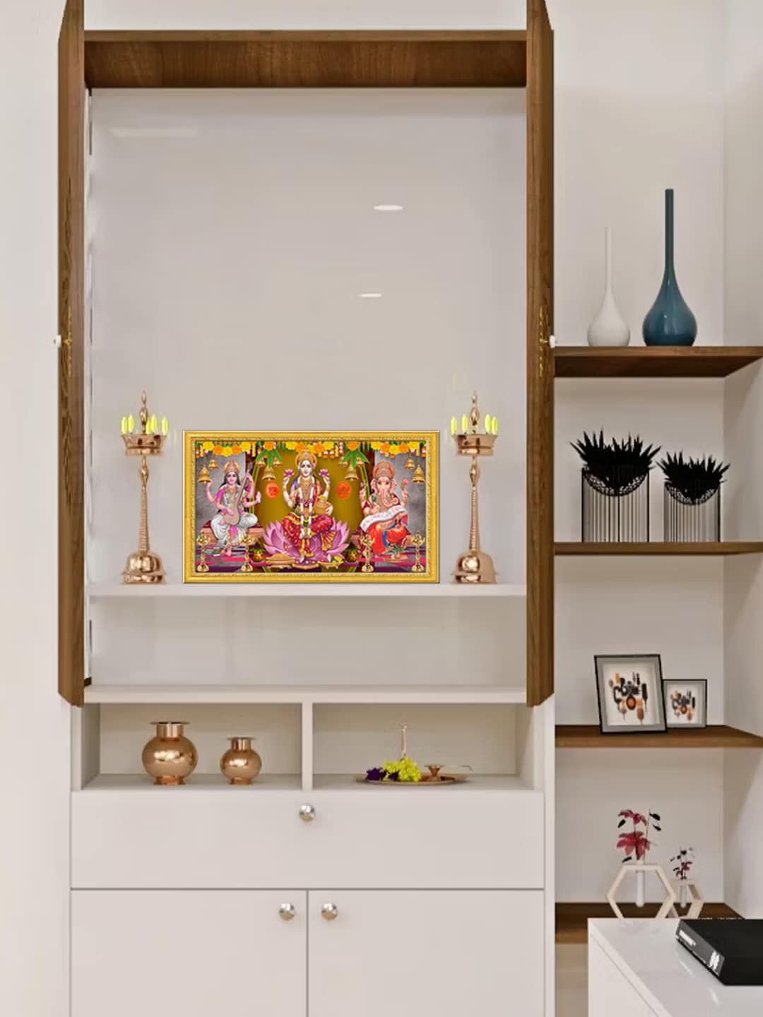 

999Store Red & Gold Toned Lord Saraswati Mata Lakshmi Mata With Ganesh Wall Art